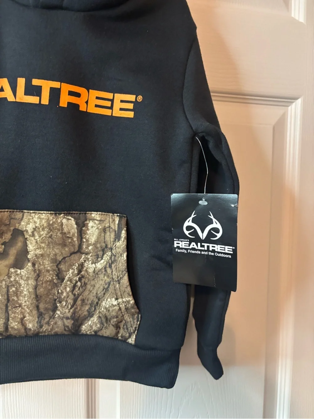 Realtree Kids Black Hoodie with Orange Logo and Camouflage Pocket